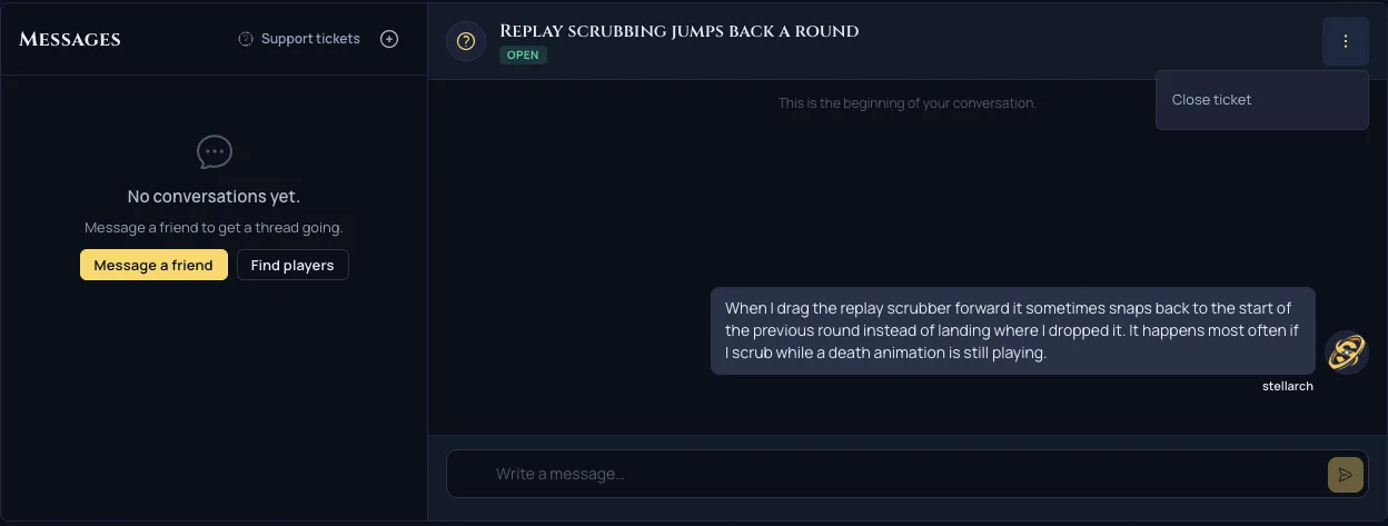 A support ticket thread with the owner's own menu open on Close ticket.