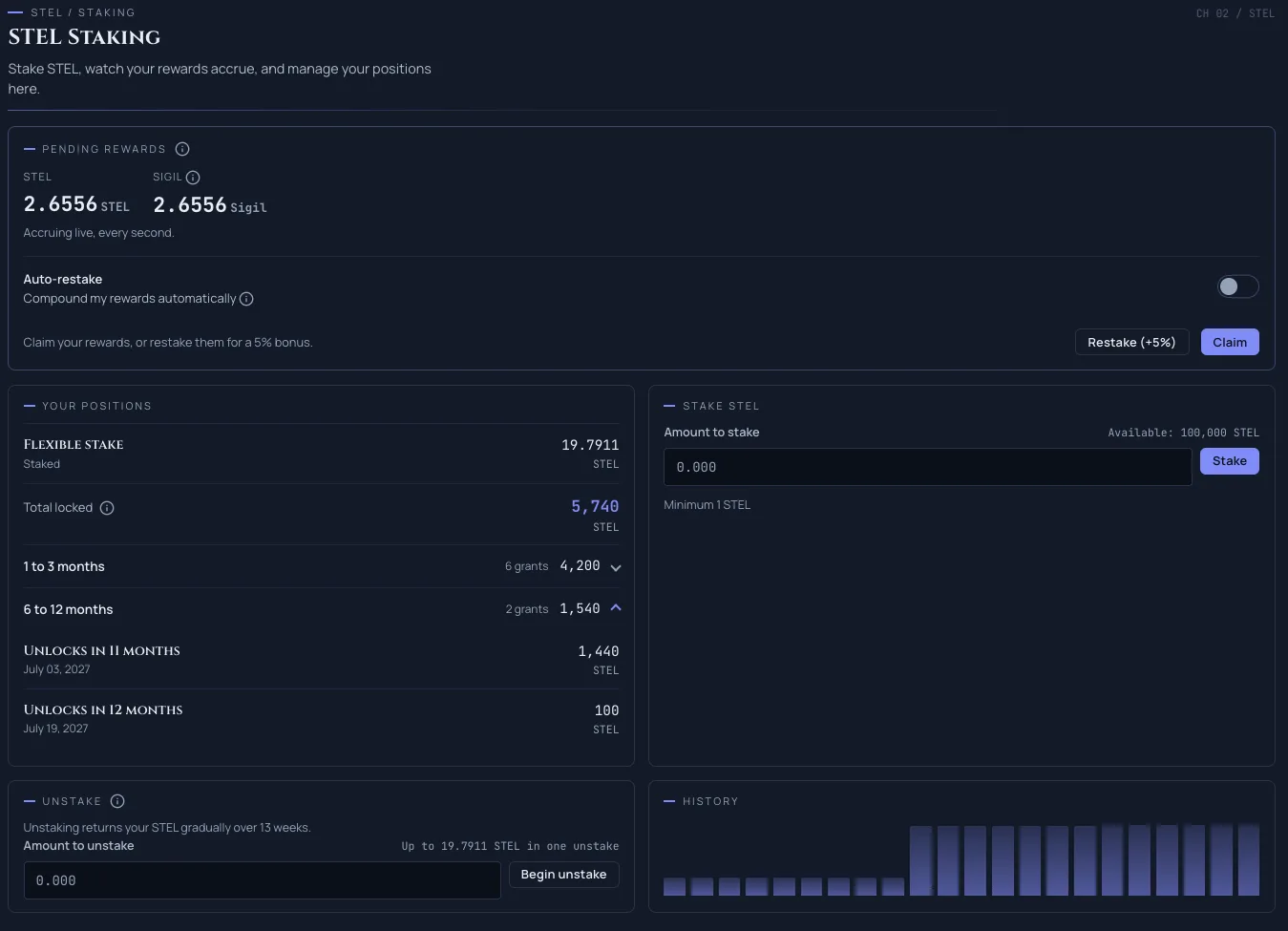 The Grand Vault staking panel showing a running total of locked STEL broken into collapsible unlock windows with exact dates.