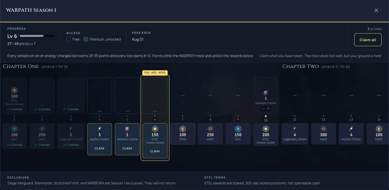 The WARPATH battle pass track with every STEL reward tier labelled staked and locked, and a terms note stating STEL rewards are 365-day locked positions.
