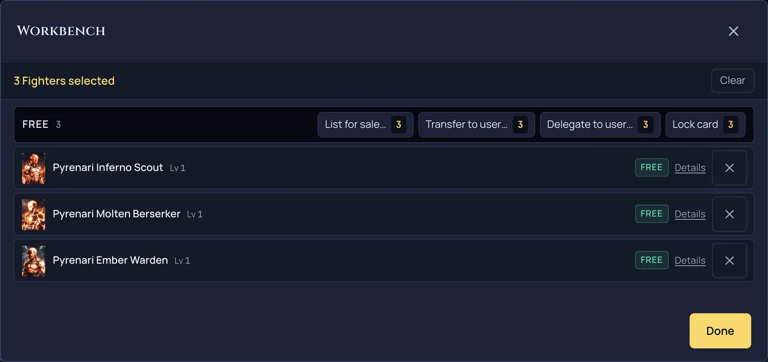 The collection Workbench with three cosmetics selected, showing Delegate to user now available alongside List for sale, Transfer and Lock.