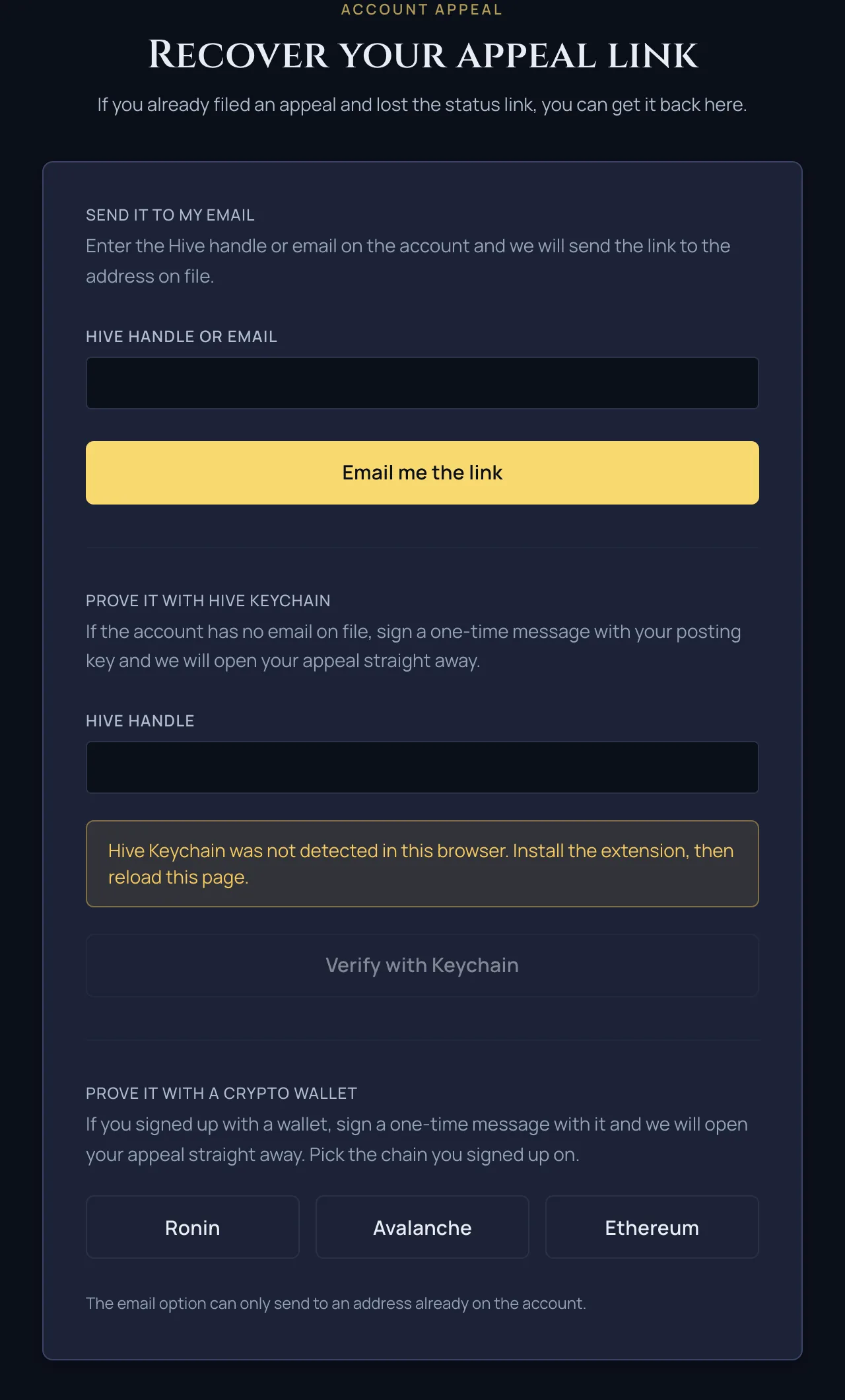 The appeal status recovery page, offering recovery by the email on the account or by signing a Hive Keychain challenge.