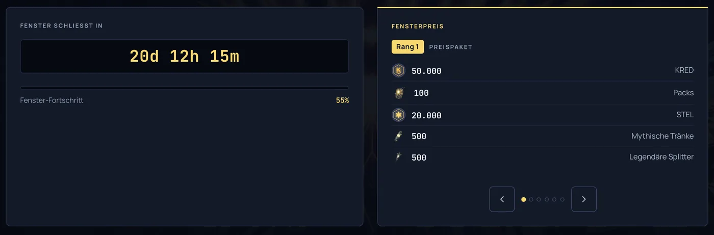 A German reward panel showing 50.000 KRED and 20.000 STEL, with digits grouped using a period as the thousands separator.
