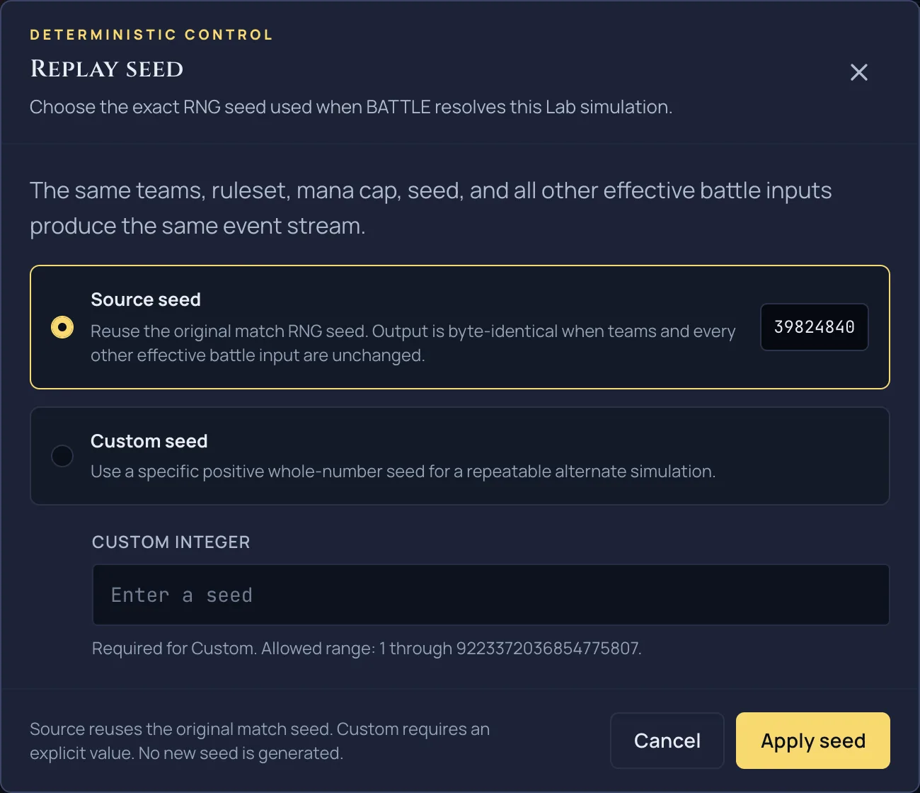 The Battle Lab Replay seed dialog with Source seed selected and showing the reused match seed, a Custom seed option, and a field for entering a custom integer seed.