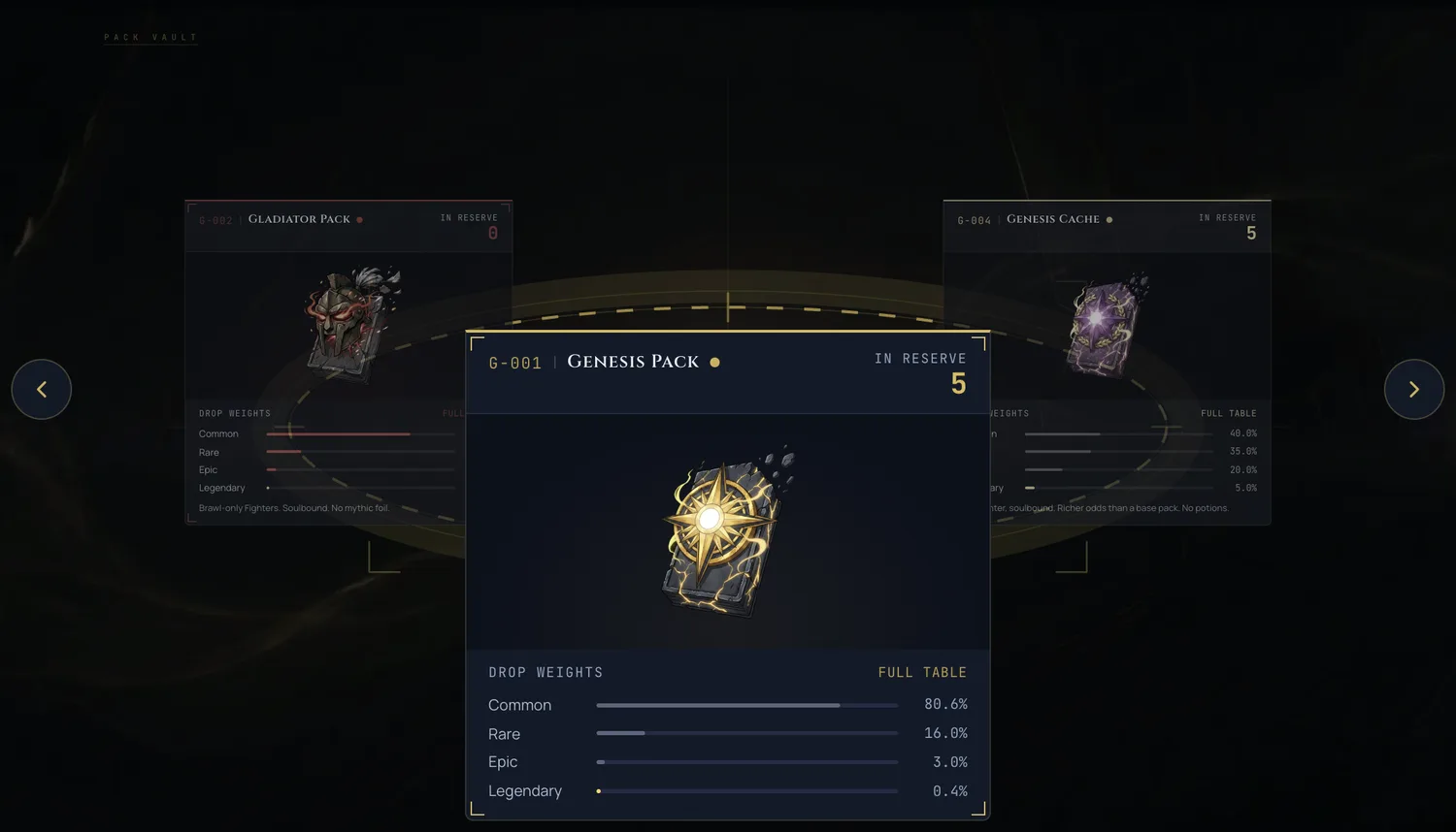 The pack vault carousel with three pack types side by side, each showing its own in-reserve count: Gladiator Pack at zero, Genesis Pack at five, Genesis Cache at five.