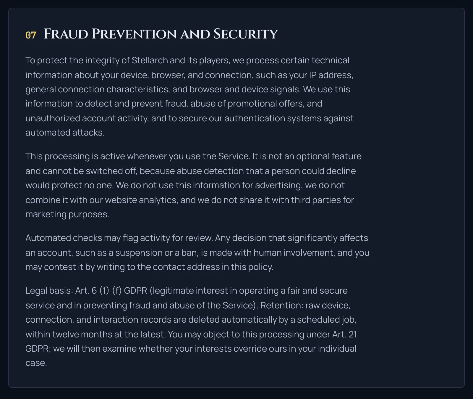 The Fraud Prevention and Security section of the privacy policy, stating which device and connection signals are processed, that the data is not used for advertising or analytics, that decisions significantly affecting an account are made with human involvement and can be contested, and that raw records are deleted within twelve months at the latest.