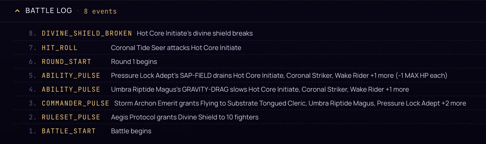 The replay battle log listing the opening events in order, with named aura debuff lines showing which ability drained or slowed which Fighters, alongside the commander and ruleset pulses.