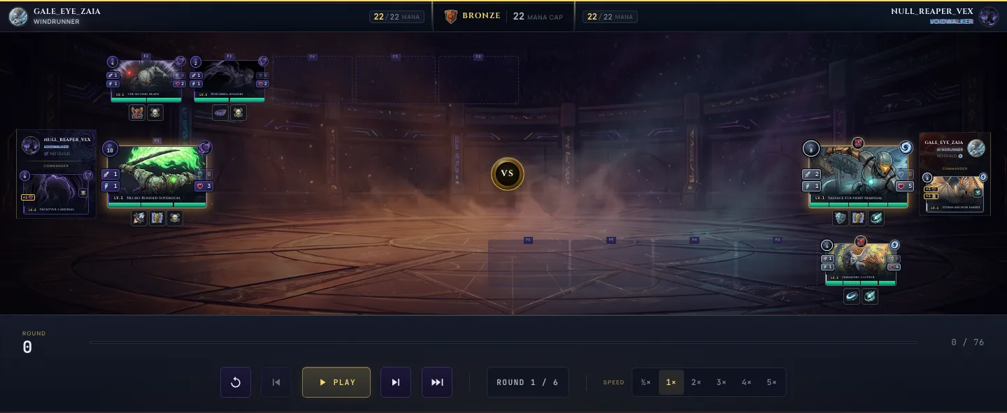 A Battle replay on a short window showing the full arena board, both commanders with their Fighters, and the complete playback control bar with restart, step, play, round counter and speed options all visible without scrolling.