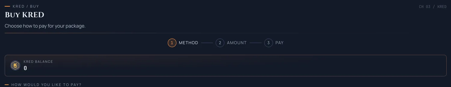 The Buy KRED panel on its first step, showing only the KRED balance with no order total until an amount is picked.