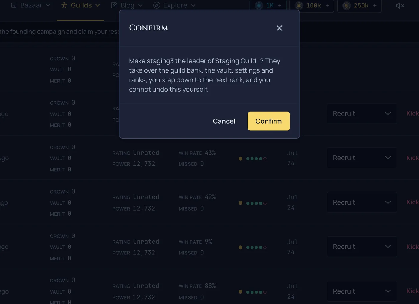 The new in-app confirmation dialog, asking whether to hand a guild to another member and spelling out what the new leader takes over.