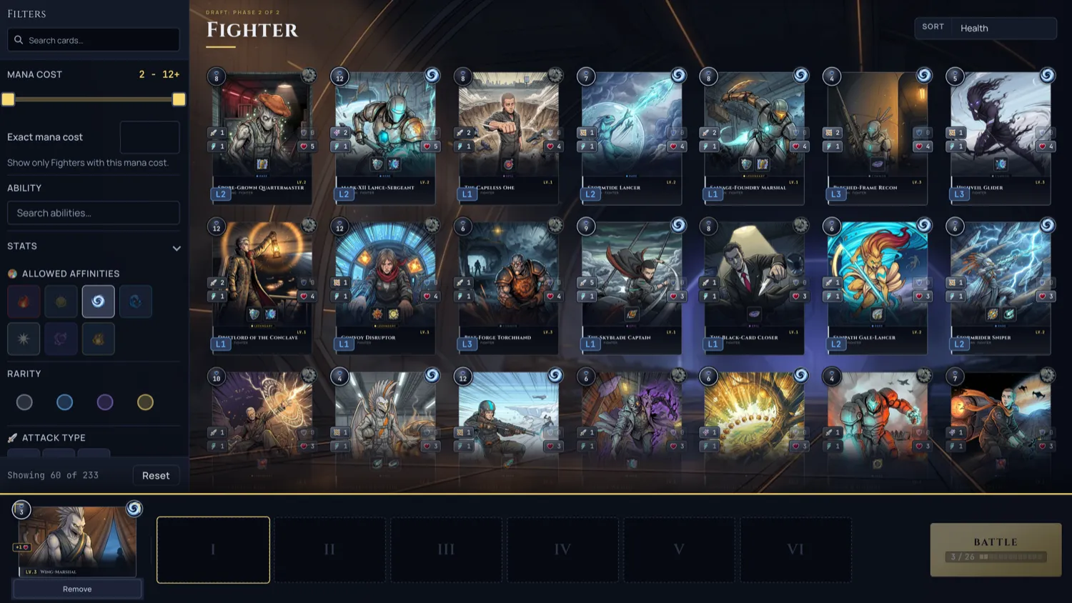 The ranked draft picker showing the Fighter pool, filter rail and lineup slots