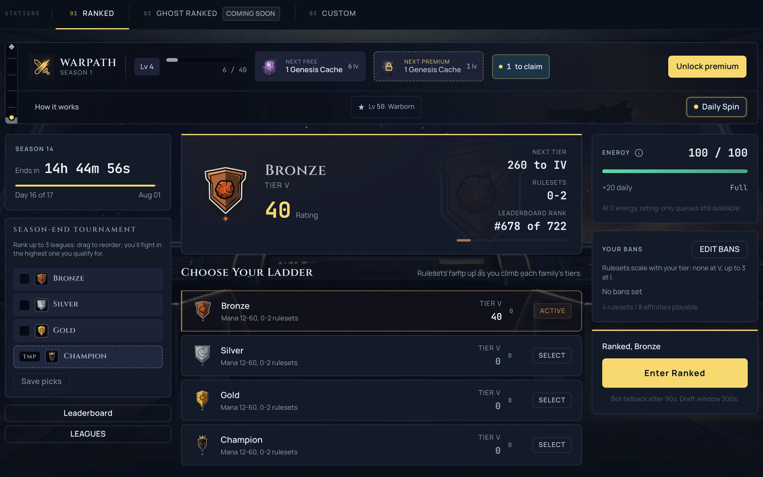 The ranked tab on the play screen, where a queue with no human opponent falls back to the AI Trainer