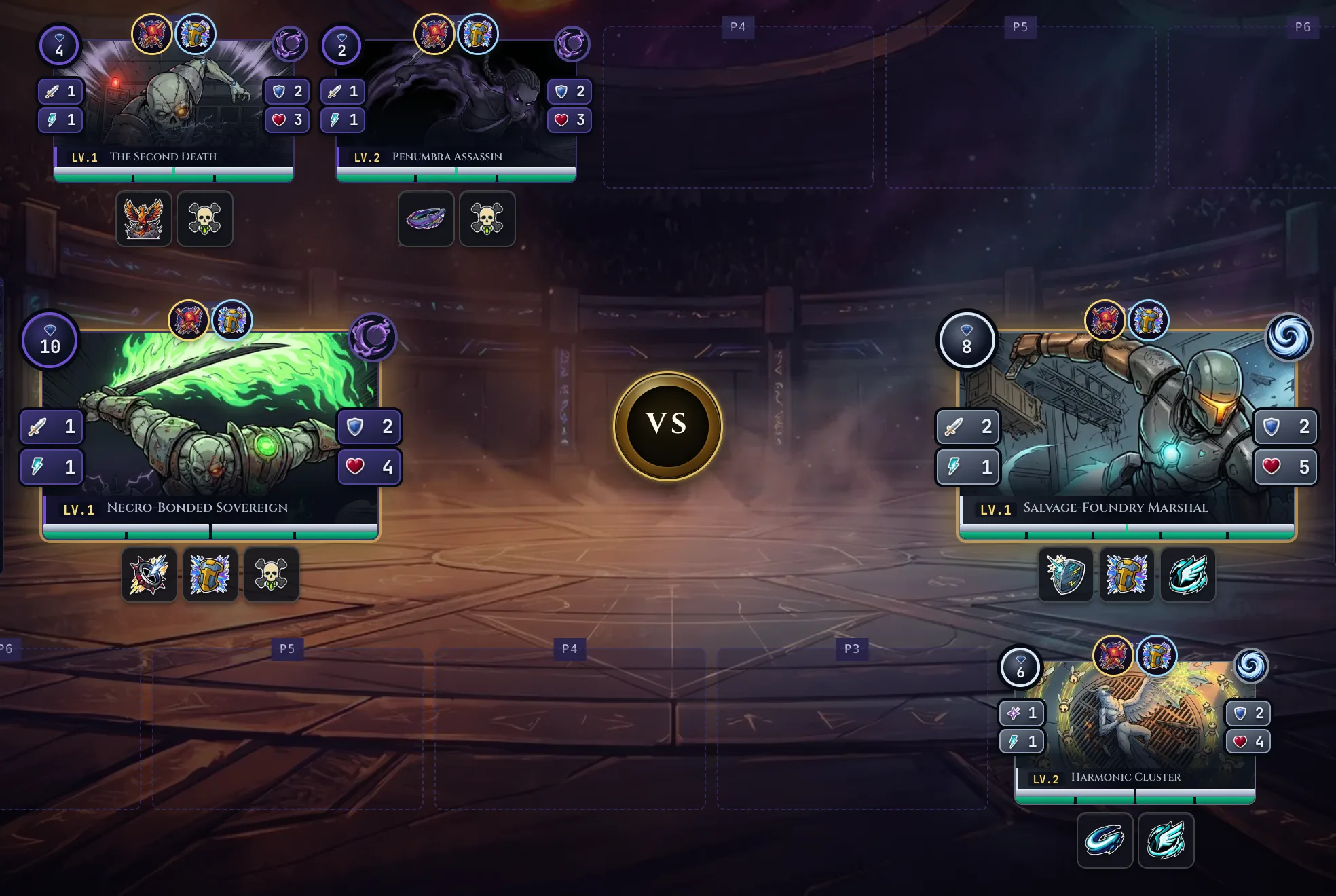A replay arena with Fighter tiles showing their resolved attack, health, armor and speed