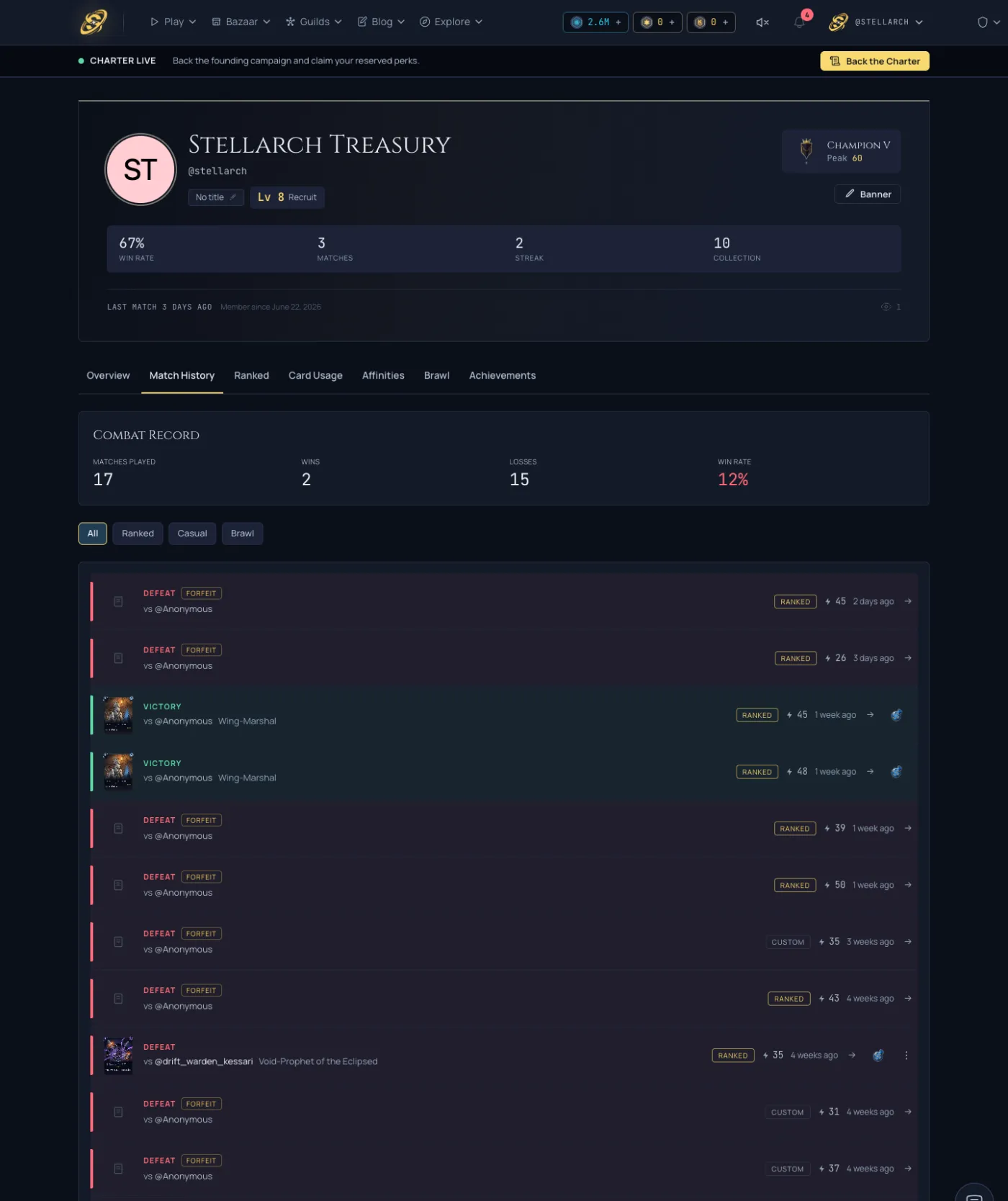 The match history list showing completed matches and their outcomes