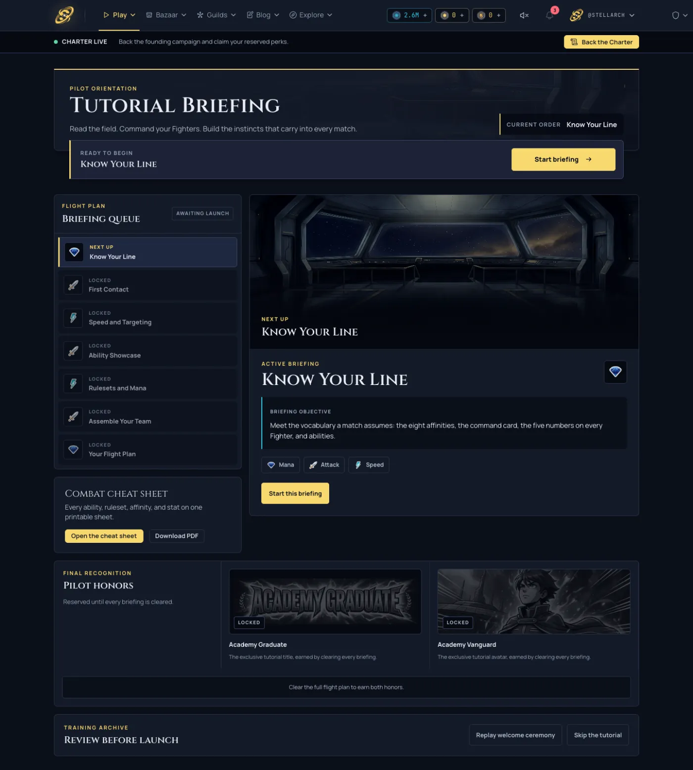 The play screen showing the tutorial briefing in place of the usual deck, with Skip available
