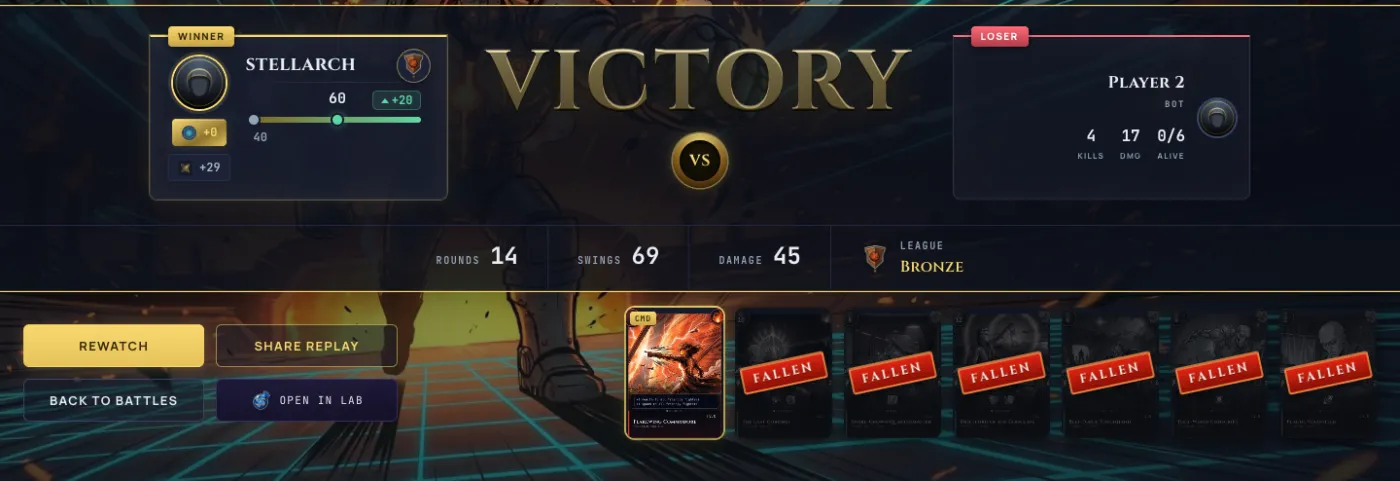 The replay results screen with the share link control