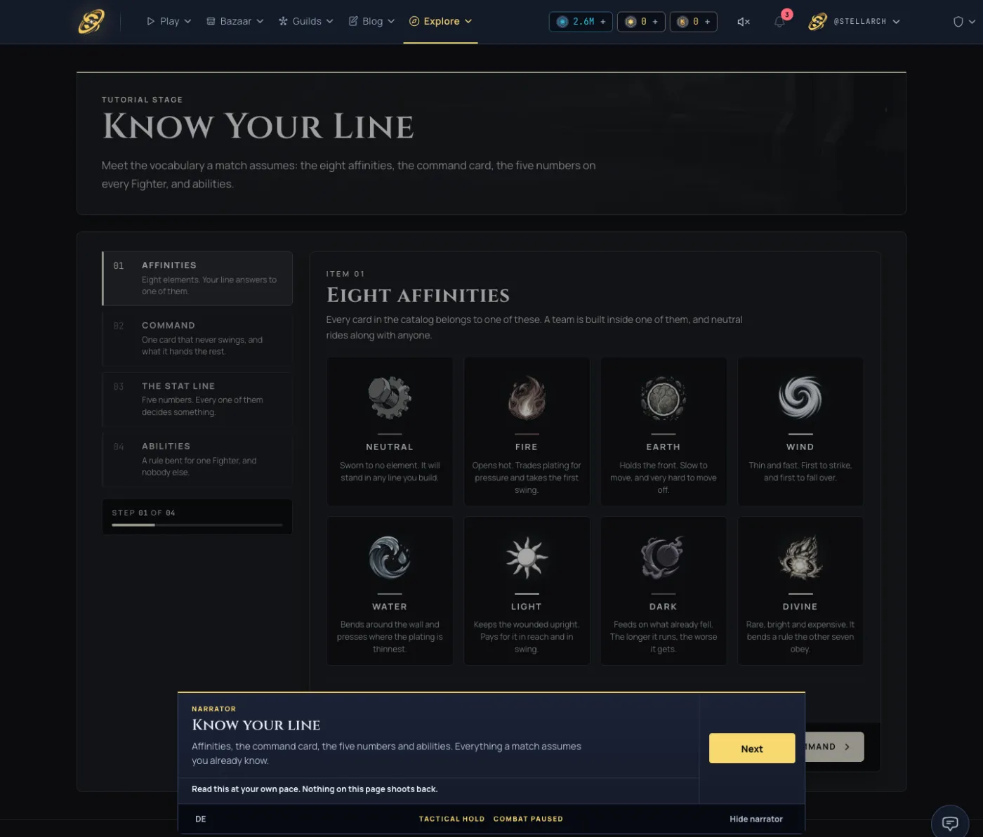 The Know Your Line briefing teaching affinities, the command card, stats and abilities