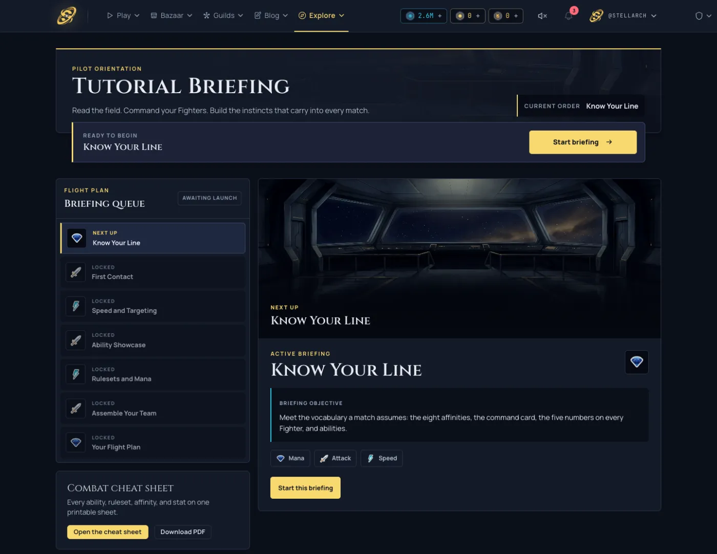The Tutorial Briefing hub showing the seven-stage flight plan and the combat cheat sheet