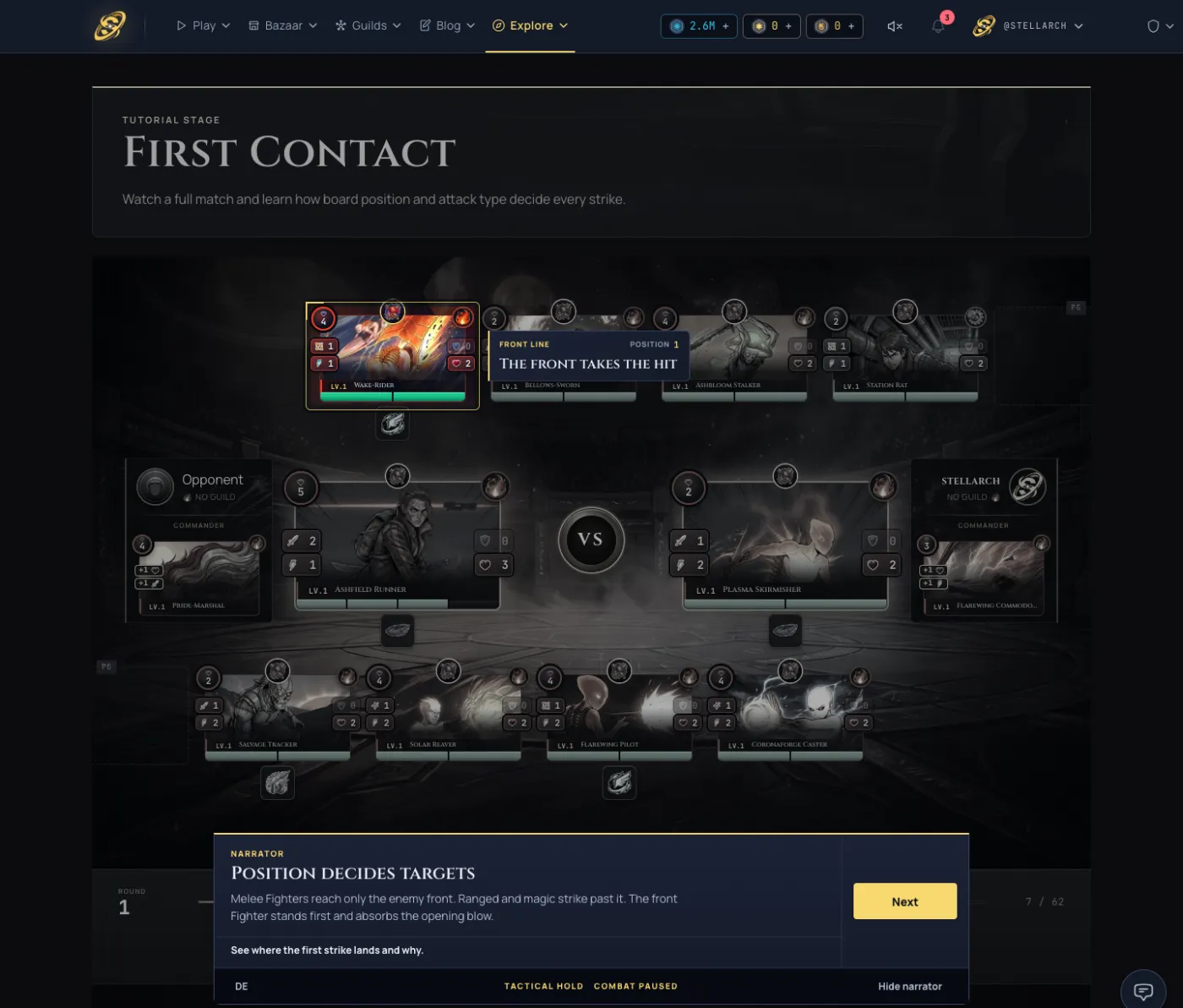 The First Contact battle paused with the callout anchored on a spotlit front-line Fighter