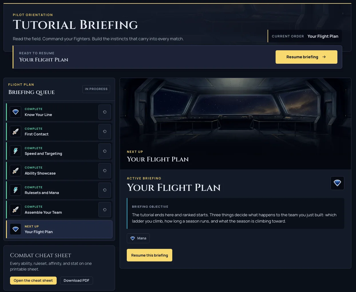 The tutorial briefing hub where Continue lands, showing completed stages marked off