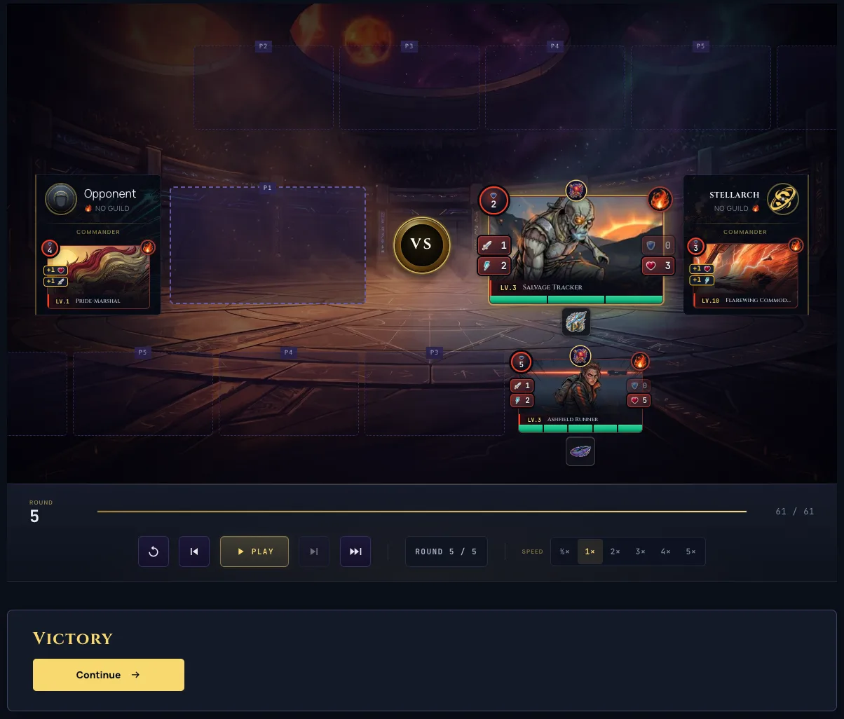 The Assemble Your Team briefing showing the new Victory panel and Continue button beneath the finished arena