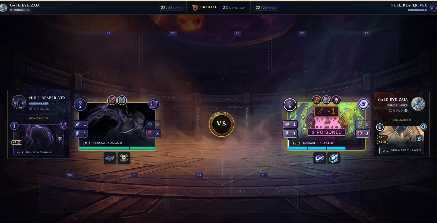 A battle replay mid-combat in a Bronze-league arena, a Fighter showing a floating damage number and a localized POISONED status label