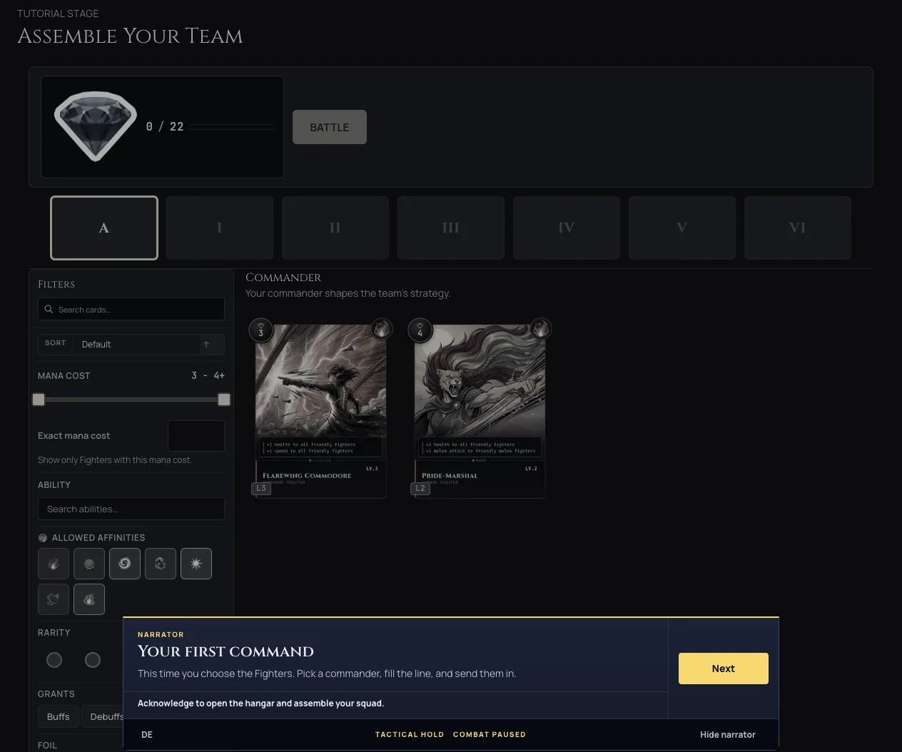 The Assemble Your Team tutorial stage: the team draft picker with the mana counter, lineup slots A through VI, the filter rail and commander cards, paused on the narrator coach panel