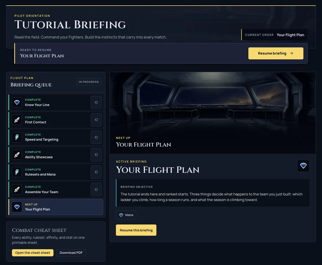 The Tutorial Briefing hub: the Flight Plan briefing queue listing the tutorial stages beside the active briefing panel and a printable combat cheat sheet