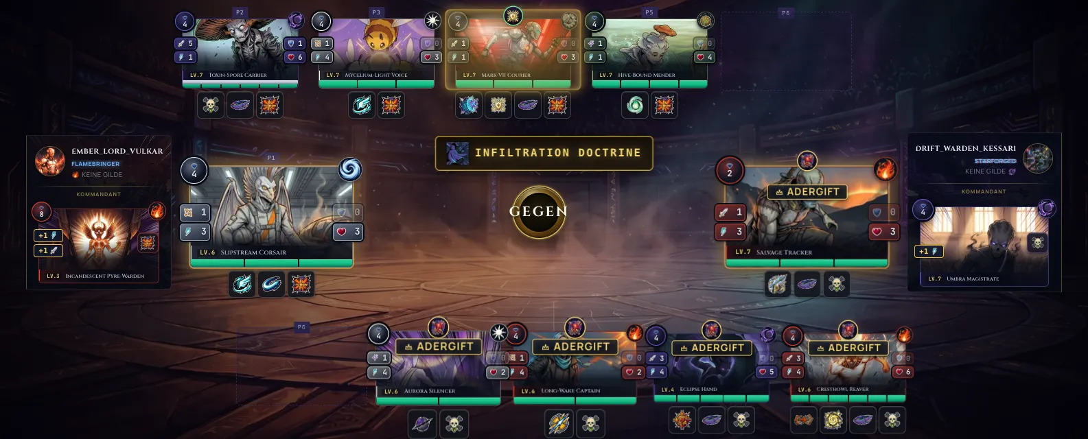 A German battle replay with localized 'ADERGIFT' ability-name labels painted over several Fighters at the start of combat.