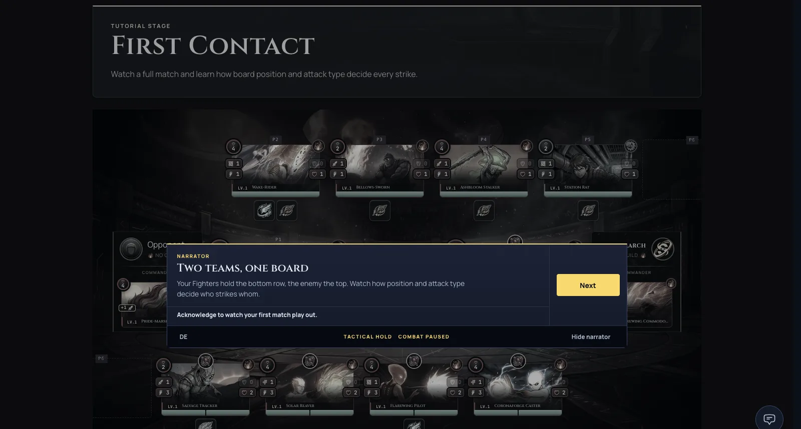 The tutorial narrator coach card, fully readable over the paused battle board on the First Contact stage.