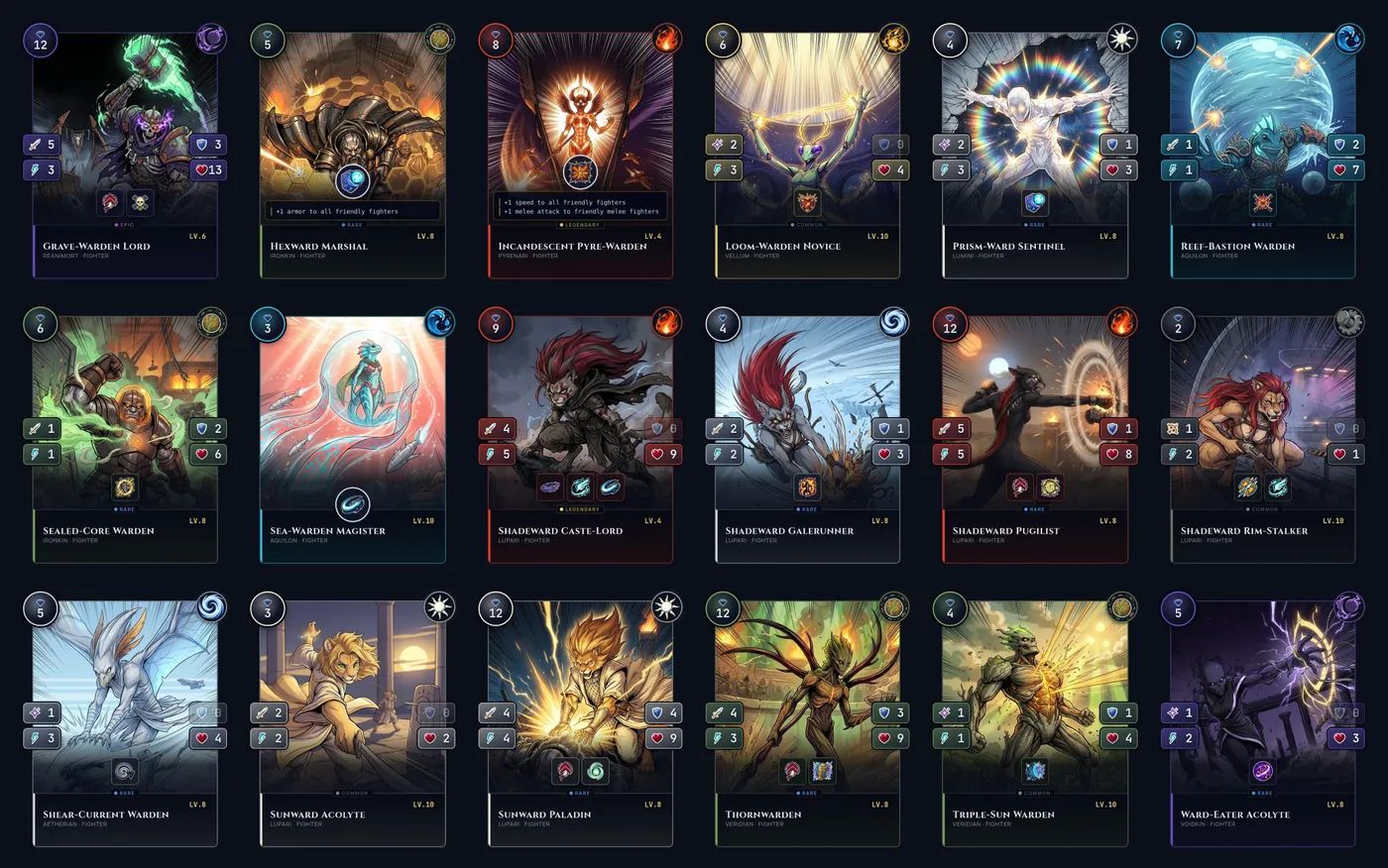 The Stellarch card catalog showing several of the new Fighters, each with its affinity, rarity, race, and ability.