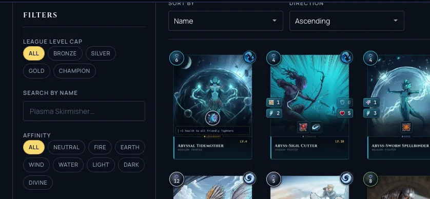 The Cards page filter rail with the new League Level Cap selector: All, Bronze, Silver, Gold, Champion, above the card grid.