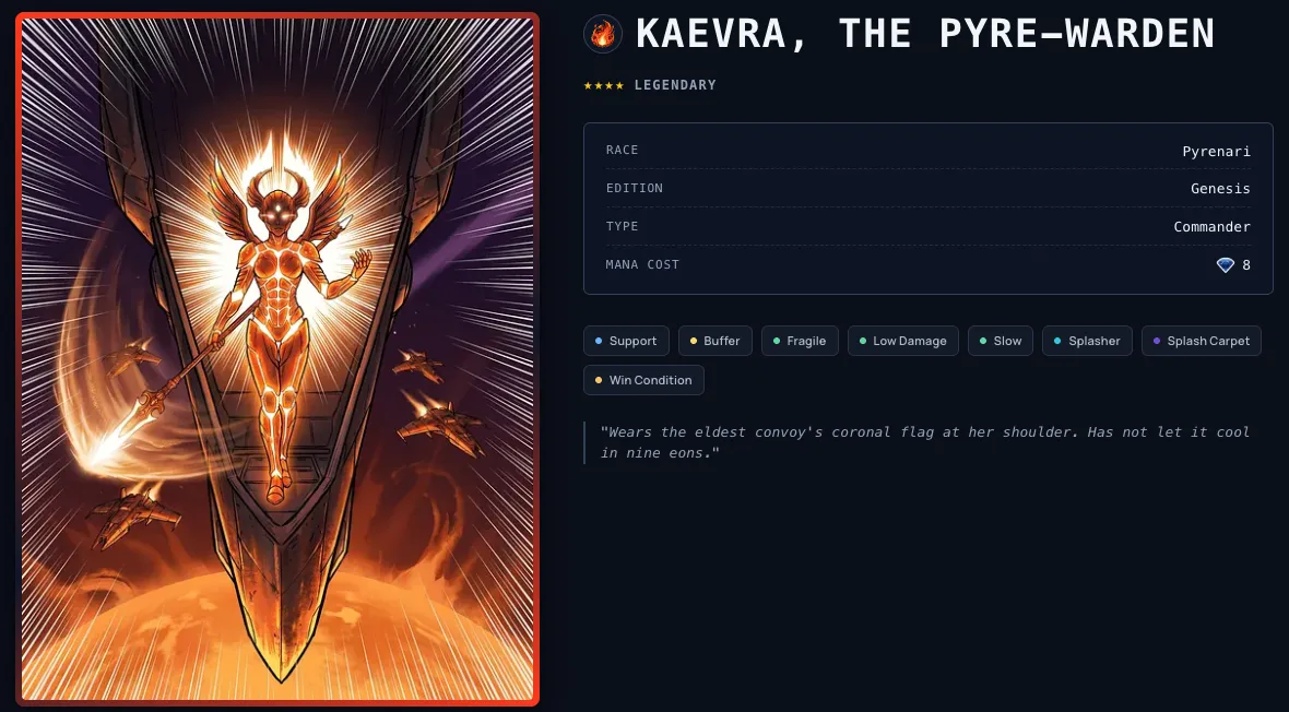 Legendary and commander cards showing their new proper names, such as Kaevra, the Pyre-Warden and Oluna, the Tidemother.