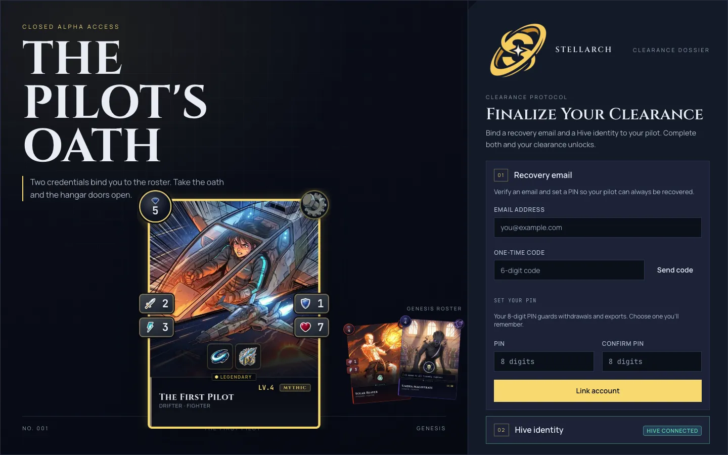 The Pilot's Oath full-screen induction: a focused connect screen where a new pilot links their login and is sworn into the closed alpha.