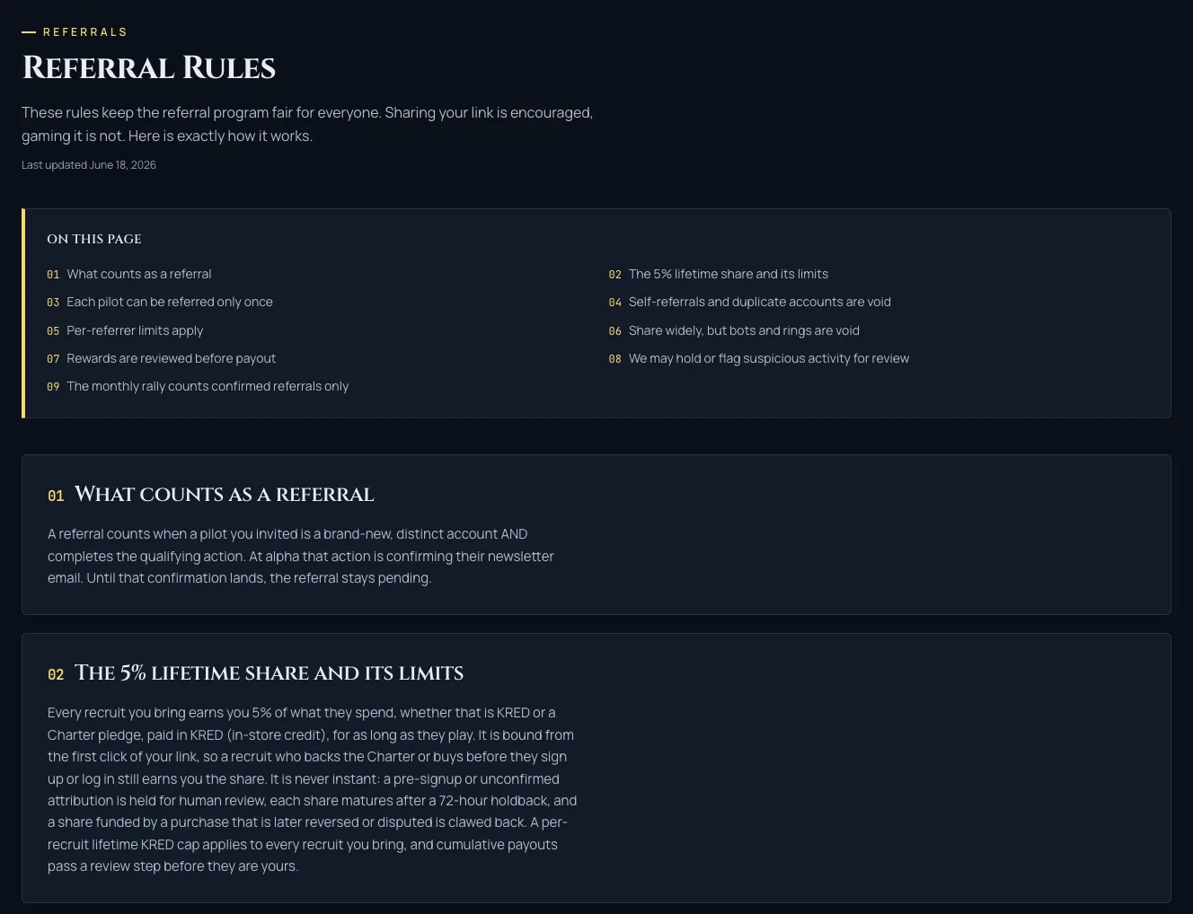 The referrals page explaining the 5% lifetime KRED revshare: recruit a pilot and earn a share of everything they spend, paid in store credit.