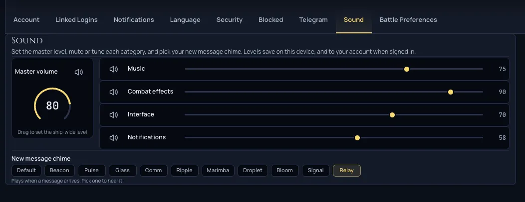 The sound settings panel with master, music, effects, interface and notification volume sliders.