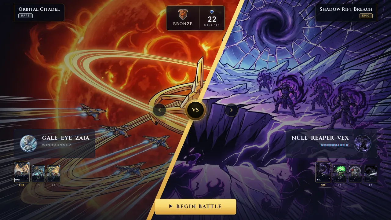 A landing-page replay on its BEGIN BATTLE screen, ready to start with sound