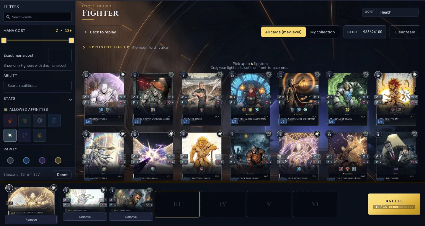 The team-draft picker with the pickable Fighter strip at full brightness and a gold-foil card preview