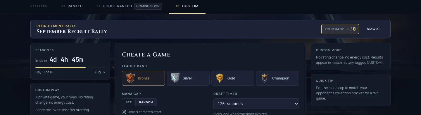 The compact Recruit Rally rank chip on the play deck