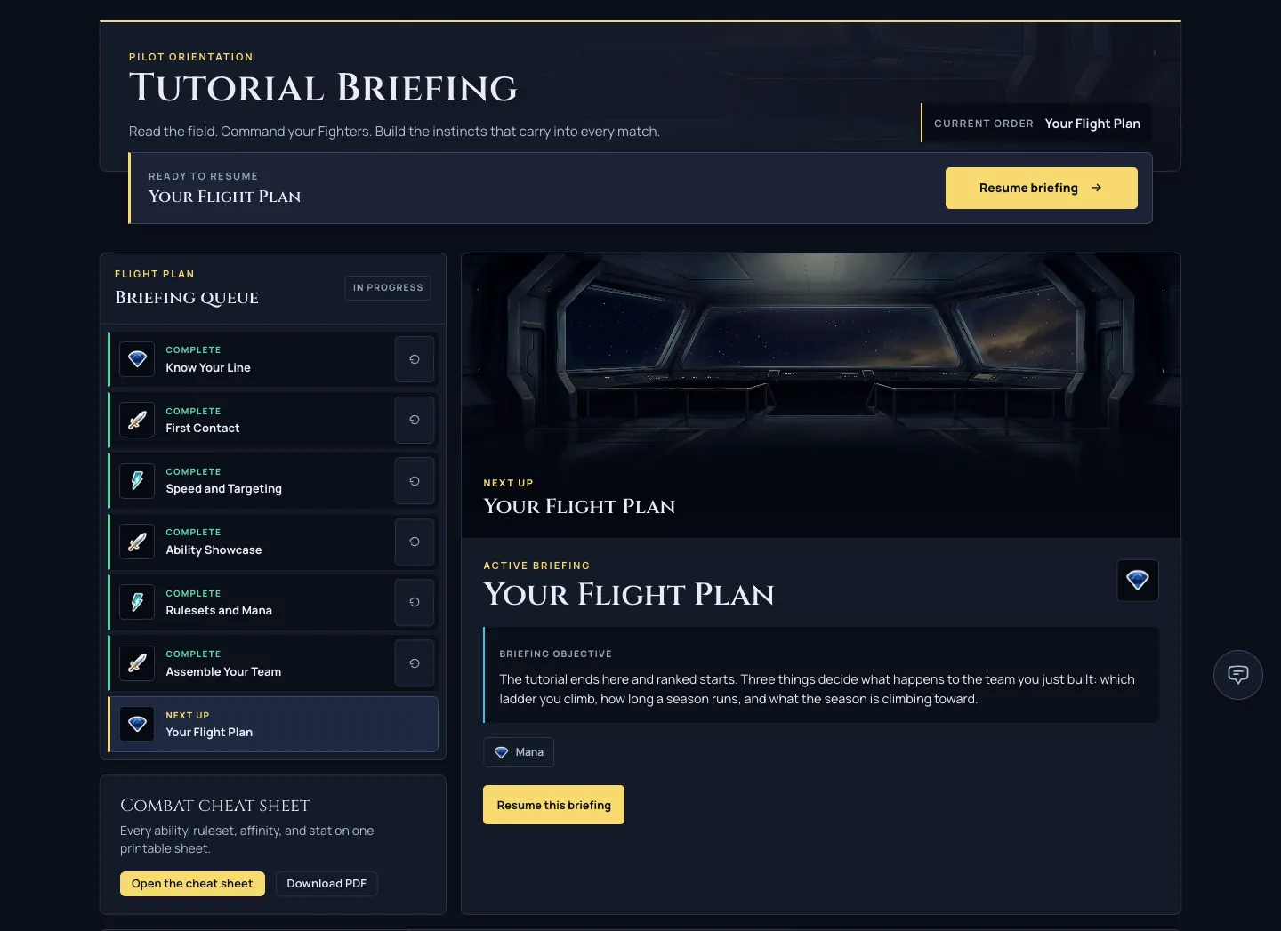The tutorial briefing hub with both desktop columns at equal height