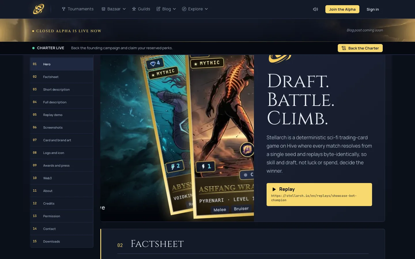 The Stellarch press page: a numbered chapter rail beside the dossier headline module, with mythic card art and a replay link