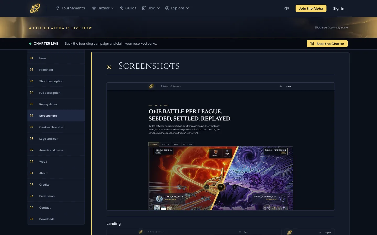 The press page screenshots module: an in-game battle shot of a fiery versus void arena split