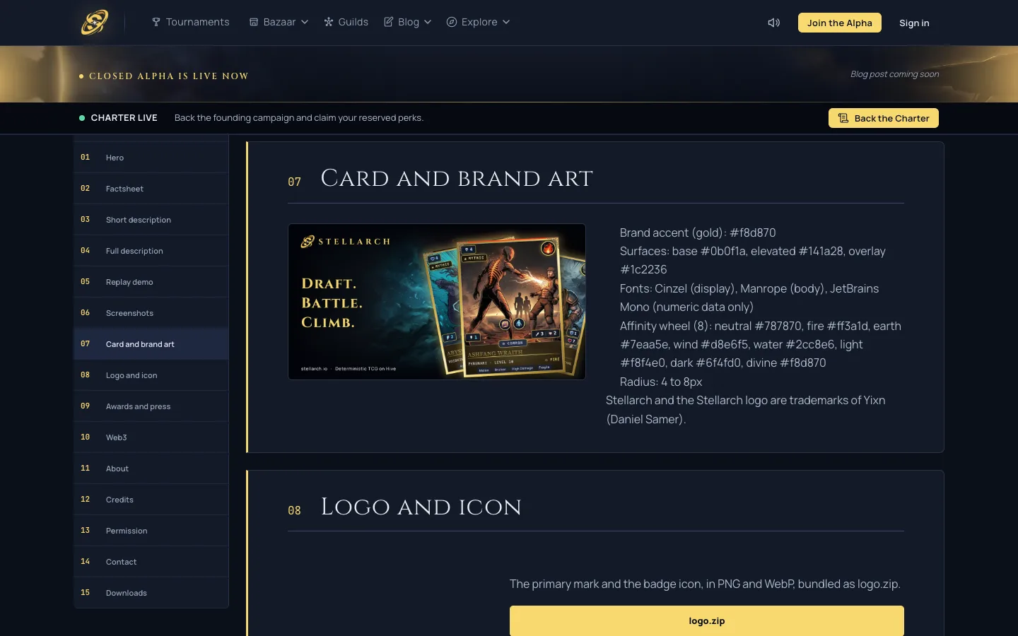 The press page card and brand art module: Stellarch key art beside the brand palette and affinity wheel