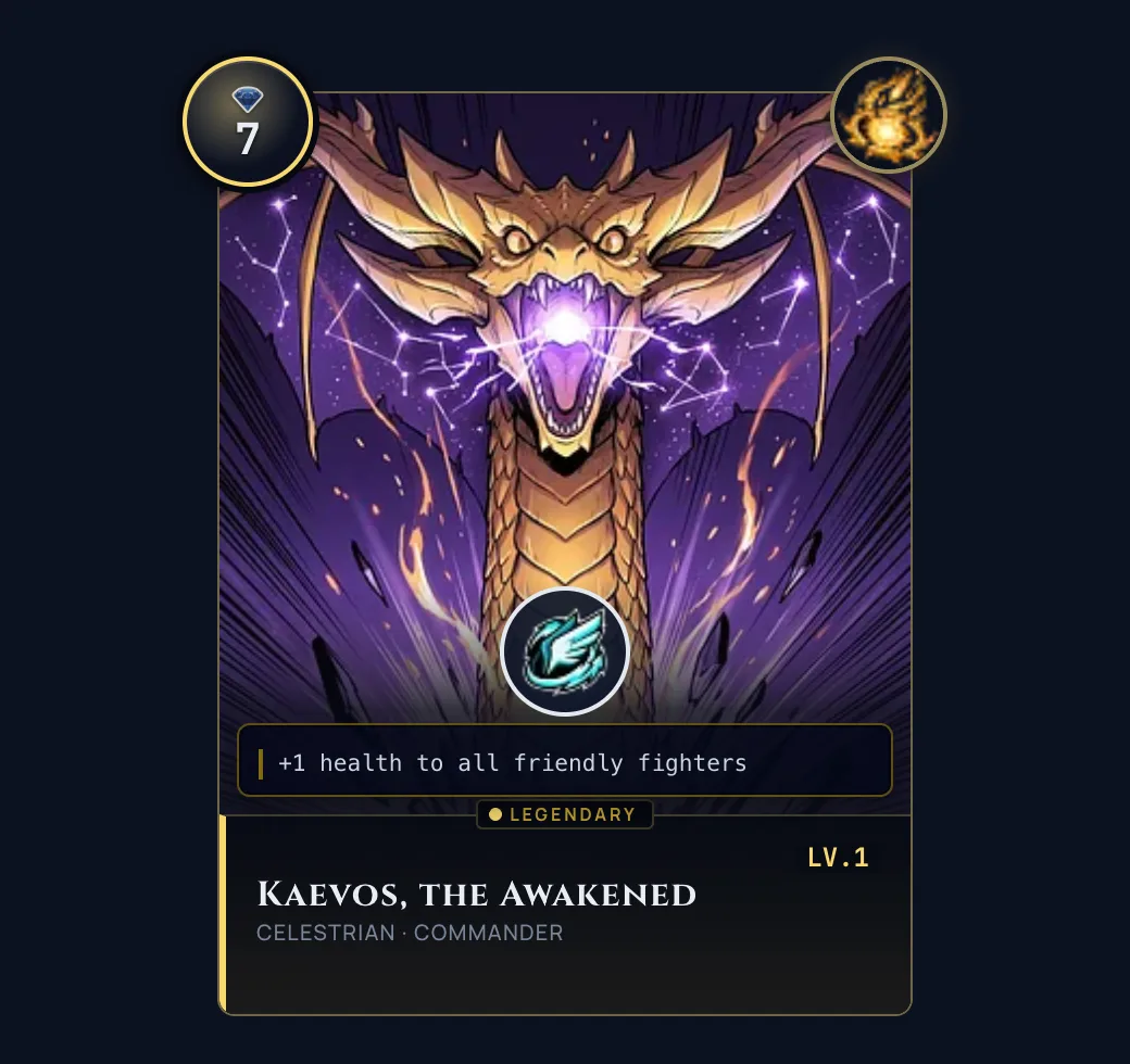 A commander card detail footer reading CELESTRIAN, COMMANDER