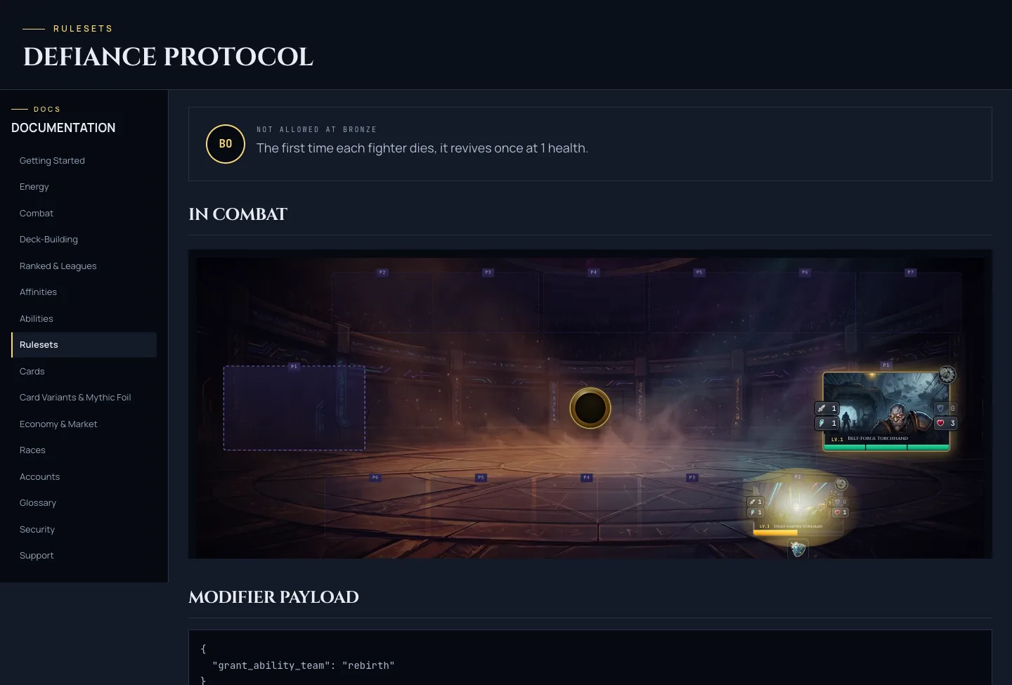 The Defiance Protocol ruleset page: each Fighter revives once at 1 health the first time it dies