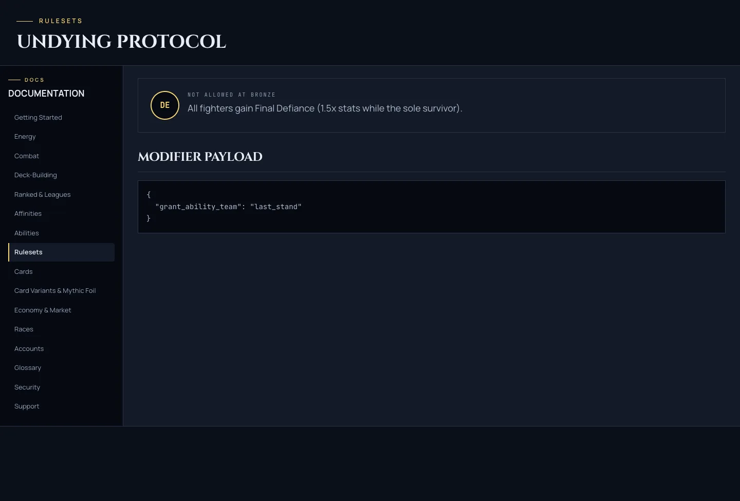 The Undying Protocol ruleset page showing its distinct Final Defiance effect