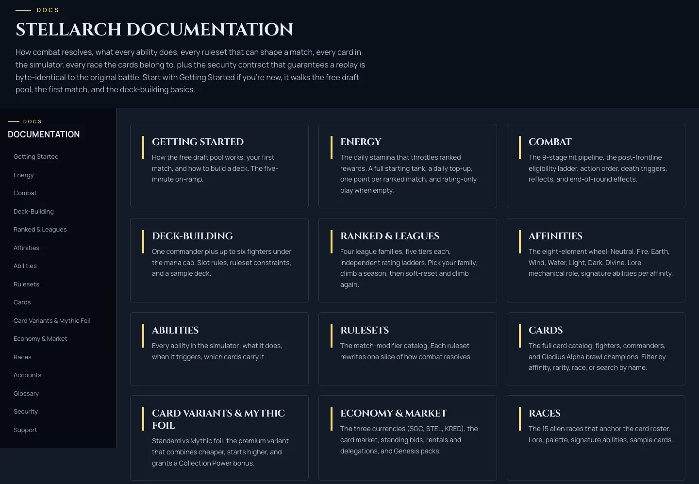The Stellarch documentation workspace, a section index beside reference cards for combat, abilities, rulesets, cards, economy, and more