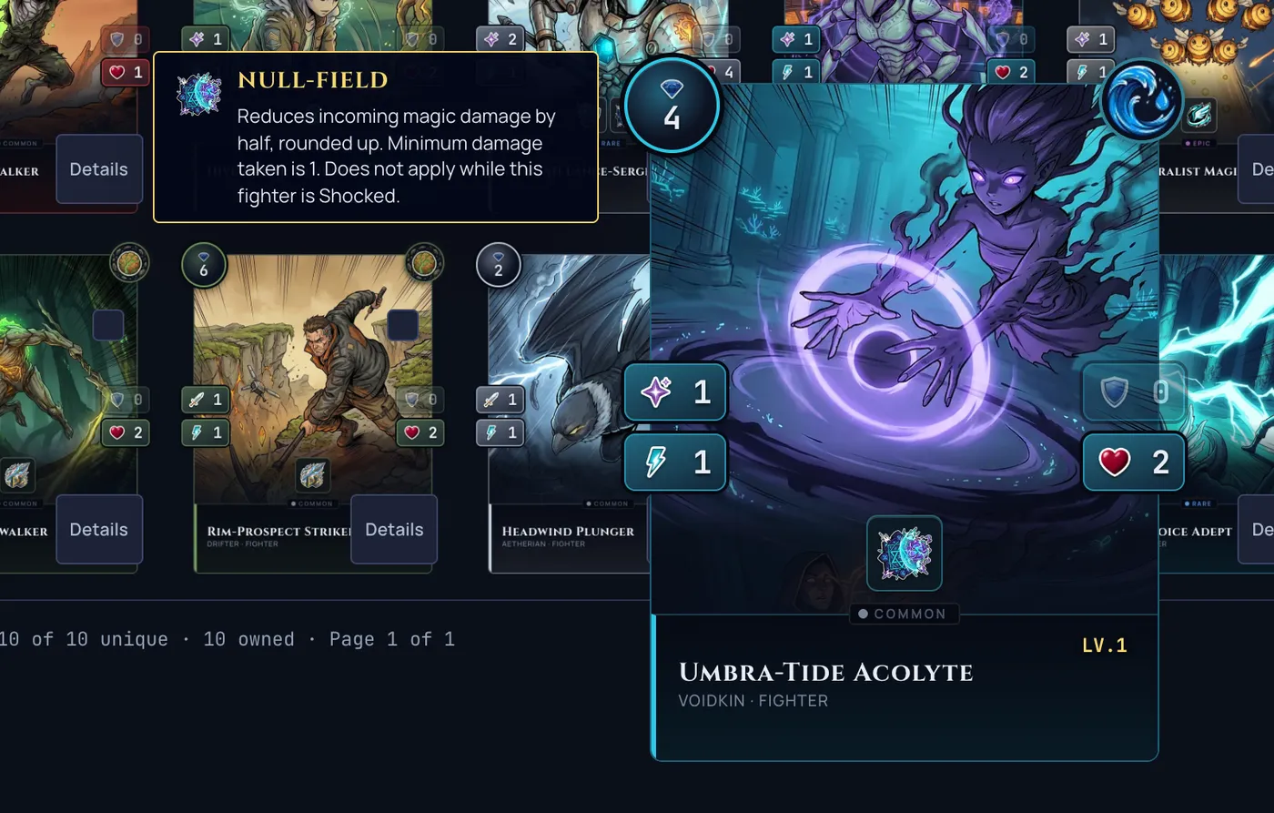 An ability-description popover shown on hover over a card in the collection grid