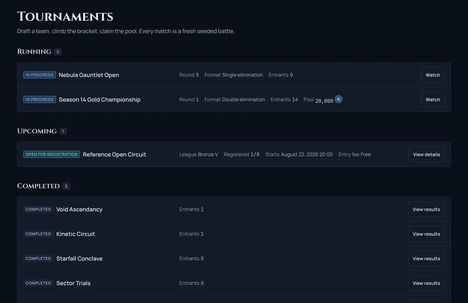 The redesigned tournament index as compact Running, Upcoming, and Completed lists
