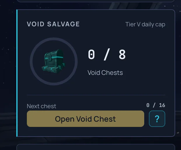 The Void Salvage progress ring and Open Void Chest button on the Play page