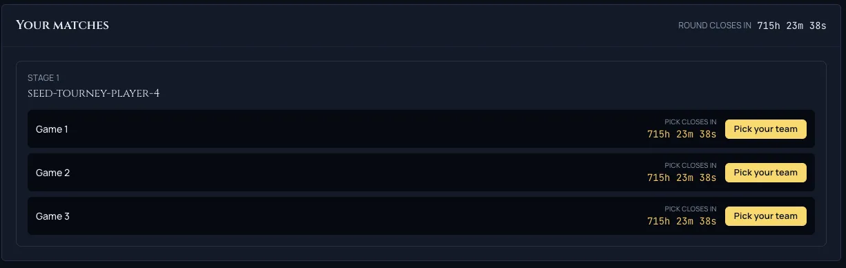 The tournament Matches tab showing your pairings for the round: a stage-labelled series with a Pick your team button and a per-game round-closes-in countdown